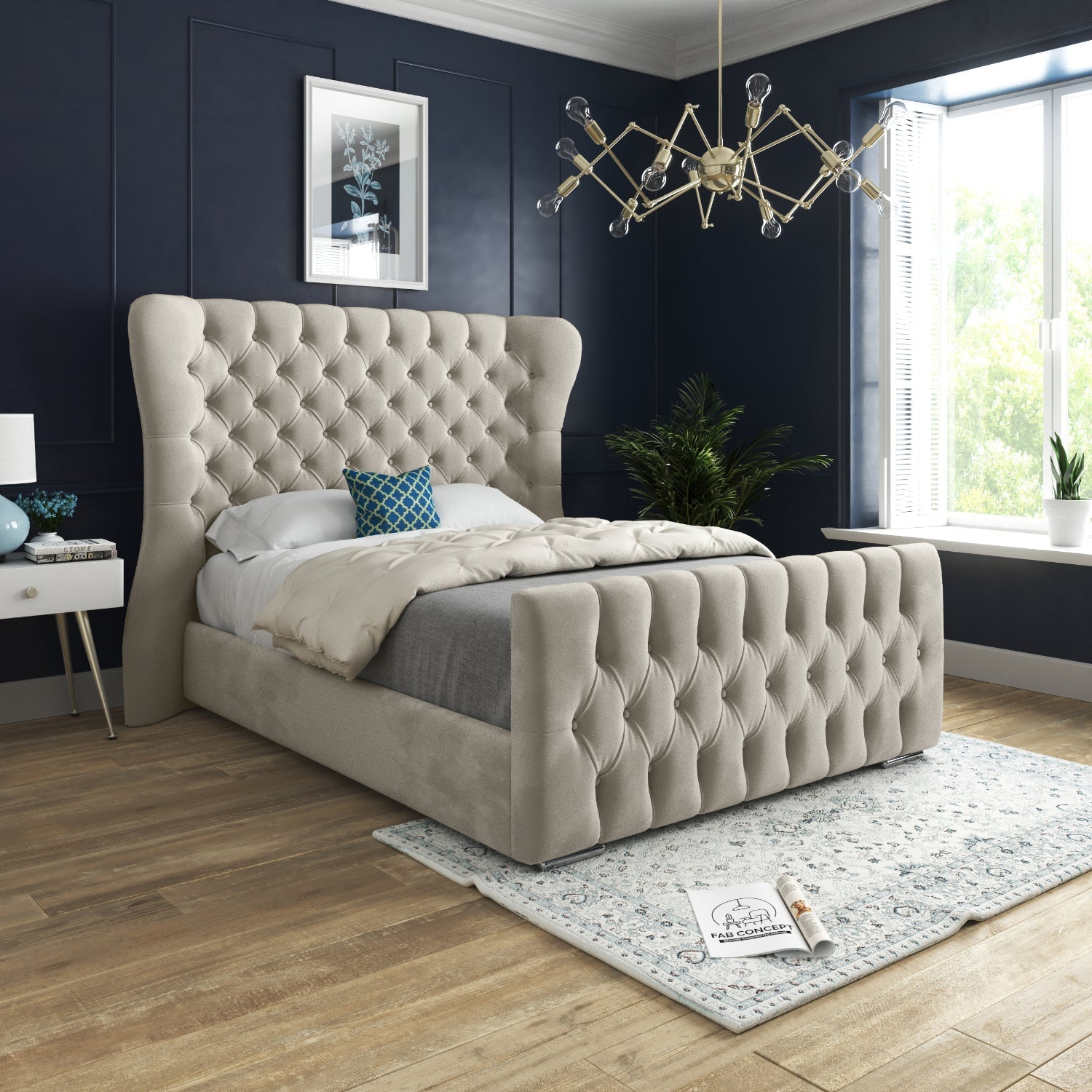 Wingback Wide Curved Upholstered Soft Velvet Fabric Button Bed Frame (Cream)