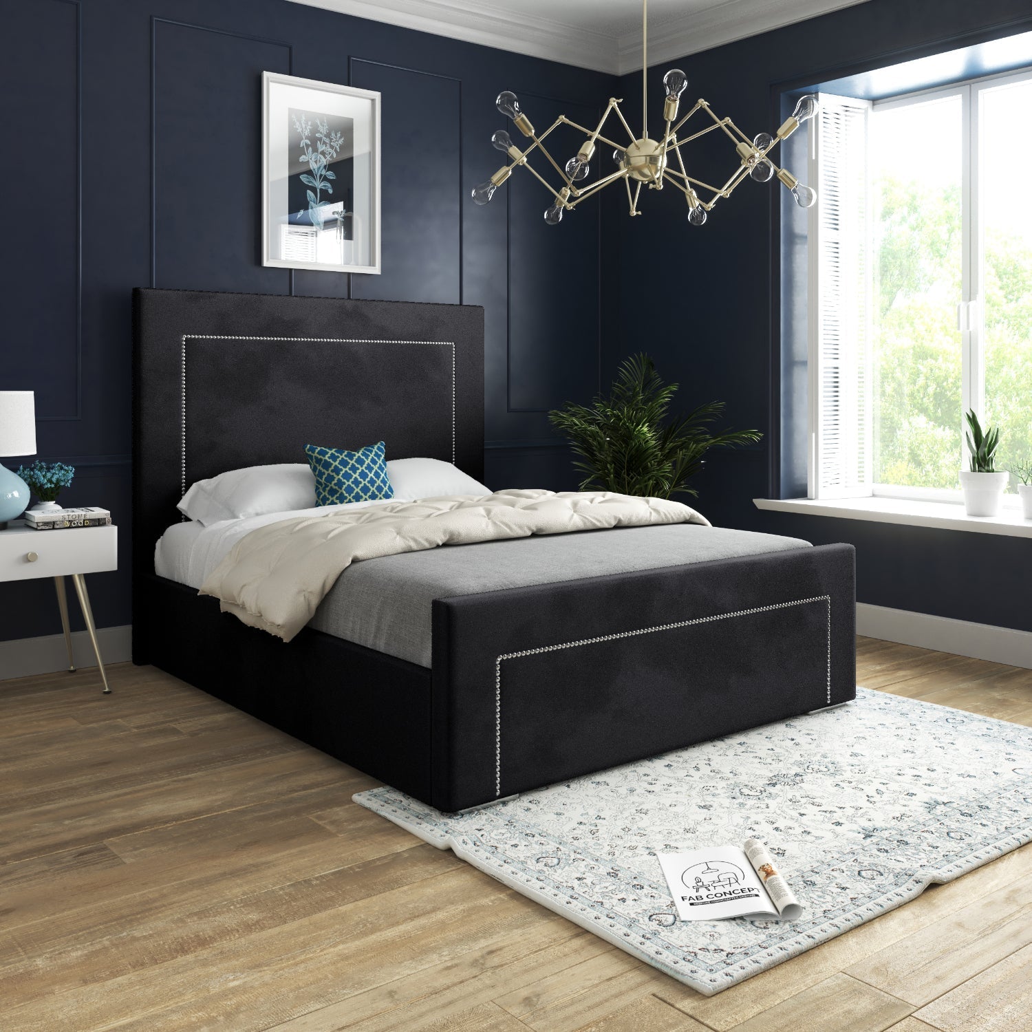 Laura Beaded-Stud Upholstered Soft Velvet Fabric Bed Frame (Black)