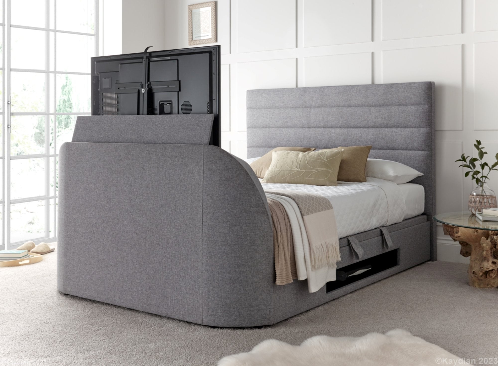 Premium Grey Ottoman Bed | Appleby TV Bed Solutions